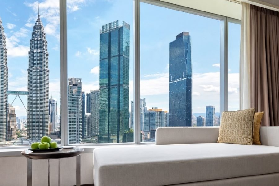 Guest room at Traders Hotel Kuala Lumpur overlooking the Petronas Twin Towers